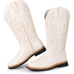 🆕Women's White Embroidered Square Toe Side Zipper Western Mid Calf Dress Boots